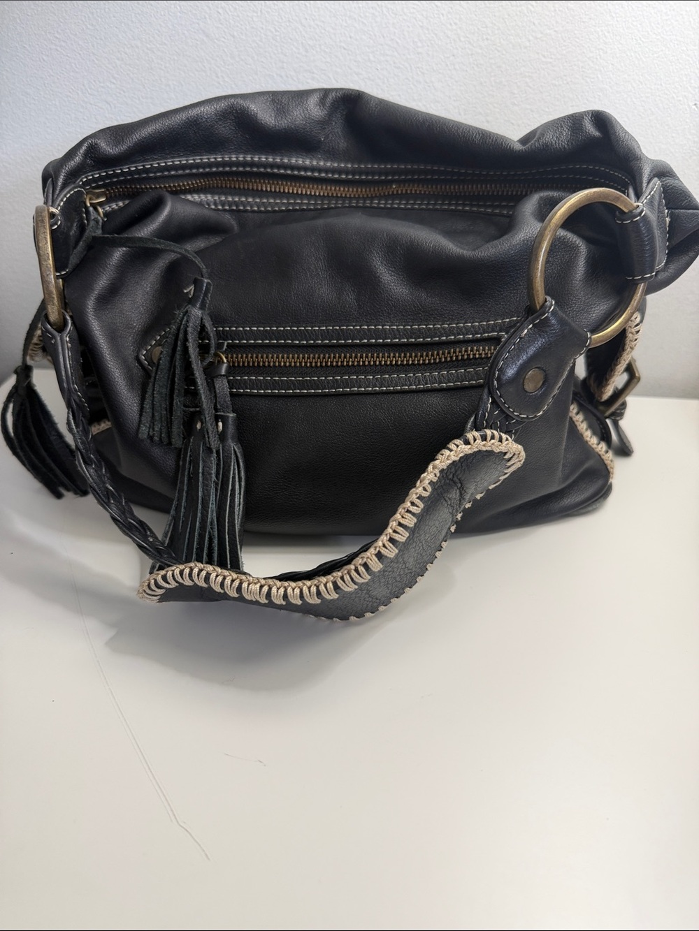 White House Black Market Black Shoulder Bag with Braided Tassel Strap